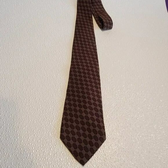 Brown & Beige Checkered 100% Silk Tie - Picture 1 of 4